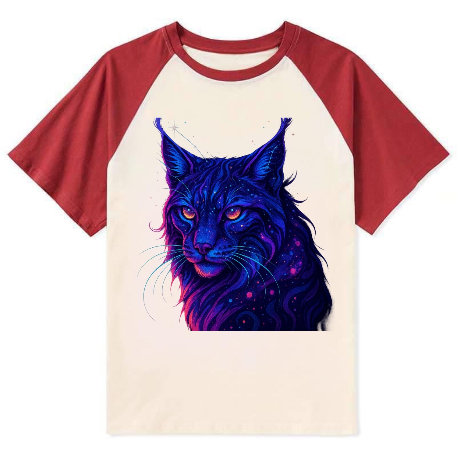 Stealthy lynx with ear tufts forming constellation patterns, nebula spots - Contrast Raglan T-shirt - Red
