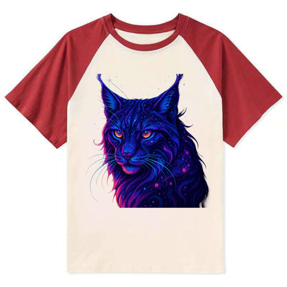 Stealthy lynx with ear tufts forming constellation patterns, nebula spots - Contrast Raglan T-shirt - Red