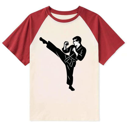 Martial artist performing a high kick - Contrast Raglan T-shirt - Red