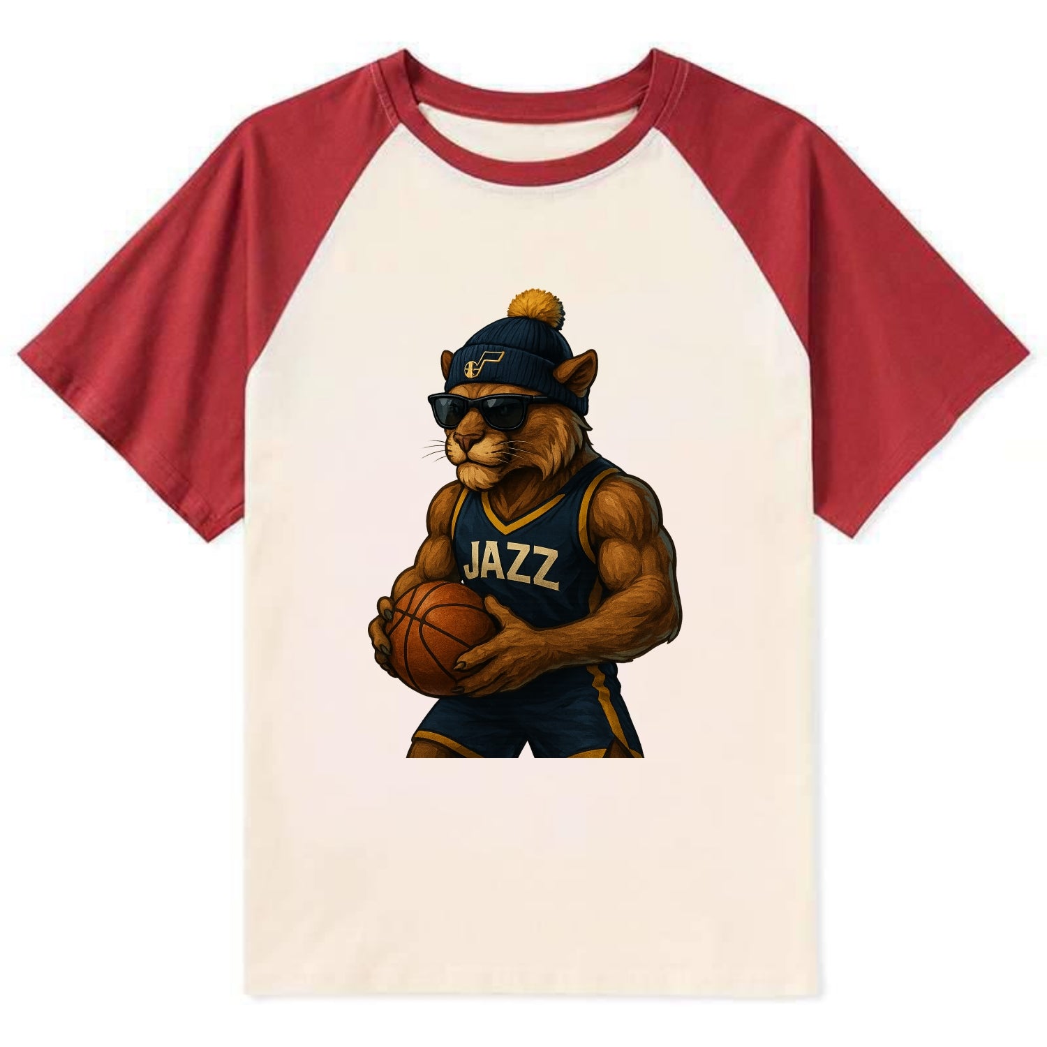Utah Mountain Lion wearing Jazz navy and yellow beanie with music note - Contrast Raglan T-shirt - Red