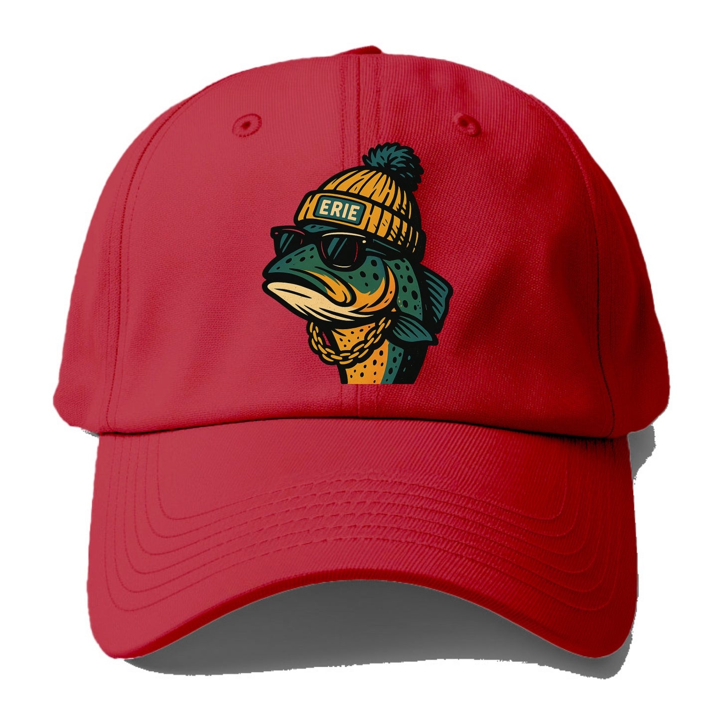 Erie Lake Trout wearing Erie beanie with pom pom and wayfarer sunglasses - Baseball Cap - Red