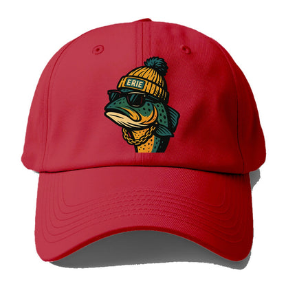 Erie Lake Trout wearing Erie beanie with pom pom and wayfarer sunglasses - Baseball Cap - Red