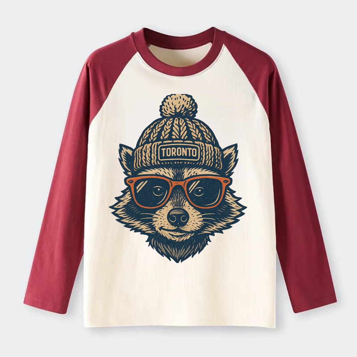 Toronto Raccoon wearing Toronto beanie w - Raglan Long Sleeve T-Shirt - Red