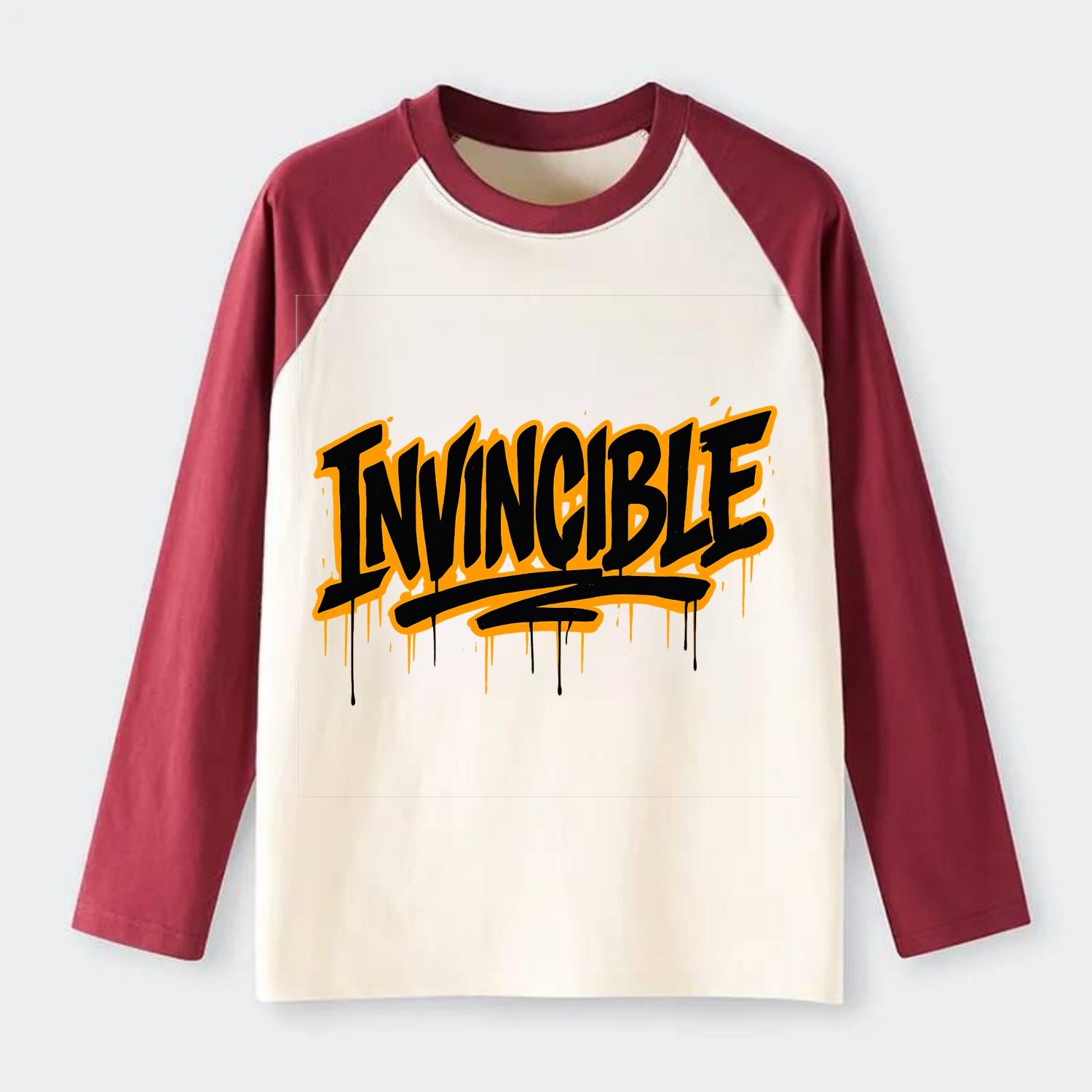 Bold typography design - "INVINCIBLE" - cannot be defeated, - Raglan Long Sleeve T-Shirt - Red