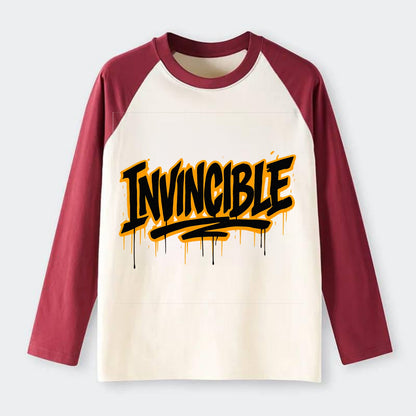 Bold typography design - "INVINCIBLE" - cannot be defeated, - Raglan Long Sleeve T-Shirt - Red