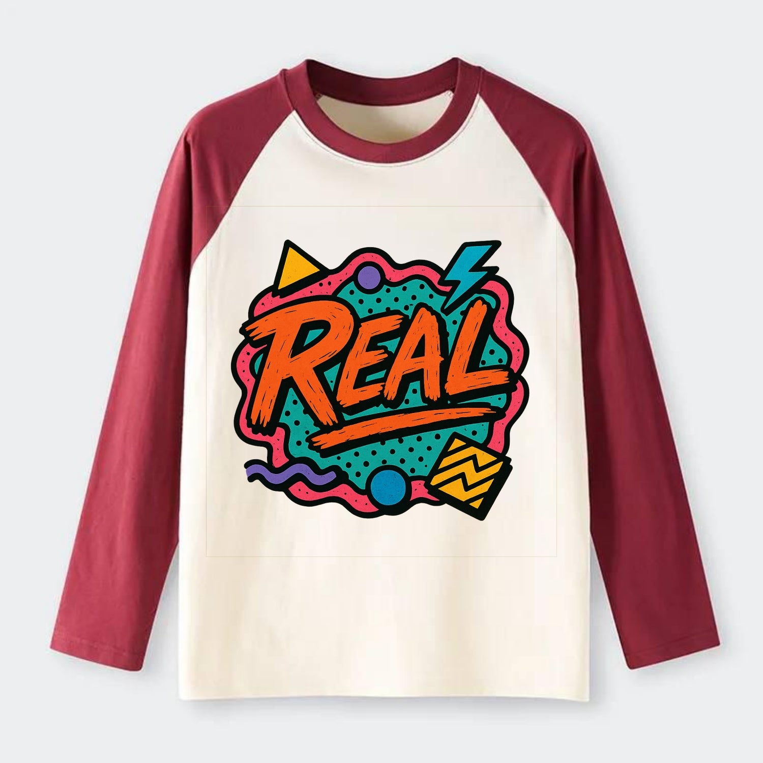 Imperfect brush strokes spelling "Real" - authenticity over - Raglan Long Sleeve T-Shirt - Red