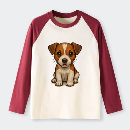 Baby Jack Russell Terrier Puppy - white with markings, alert ears, - Raglan Long Sleeve T-Shirt - Red
