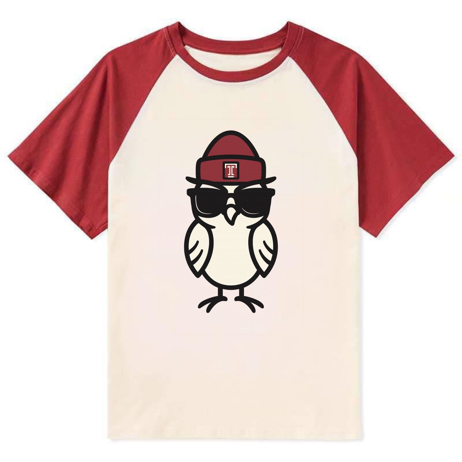 Philadelphia Owl wearing Temple beanie with T patch - Contrast Raglan T-shirt - Red