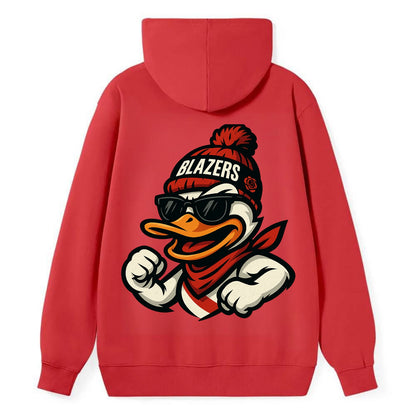 Oregon Duck wearing Trail Blazers beanie with rose patch and wayfarer - Classic Pullover Hoodie - Red