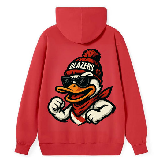 Oregon Duck wearing Trail Blazers beanie with rose patch and wayfarer - Classic Pullover Hoodie - Red