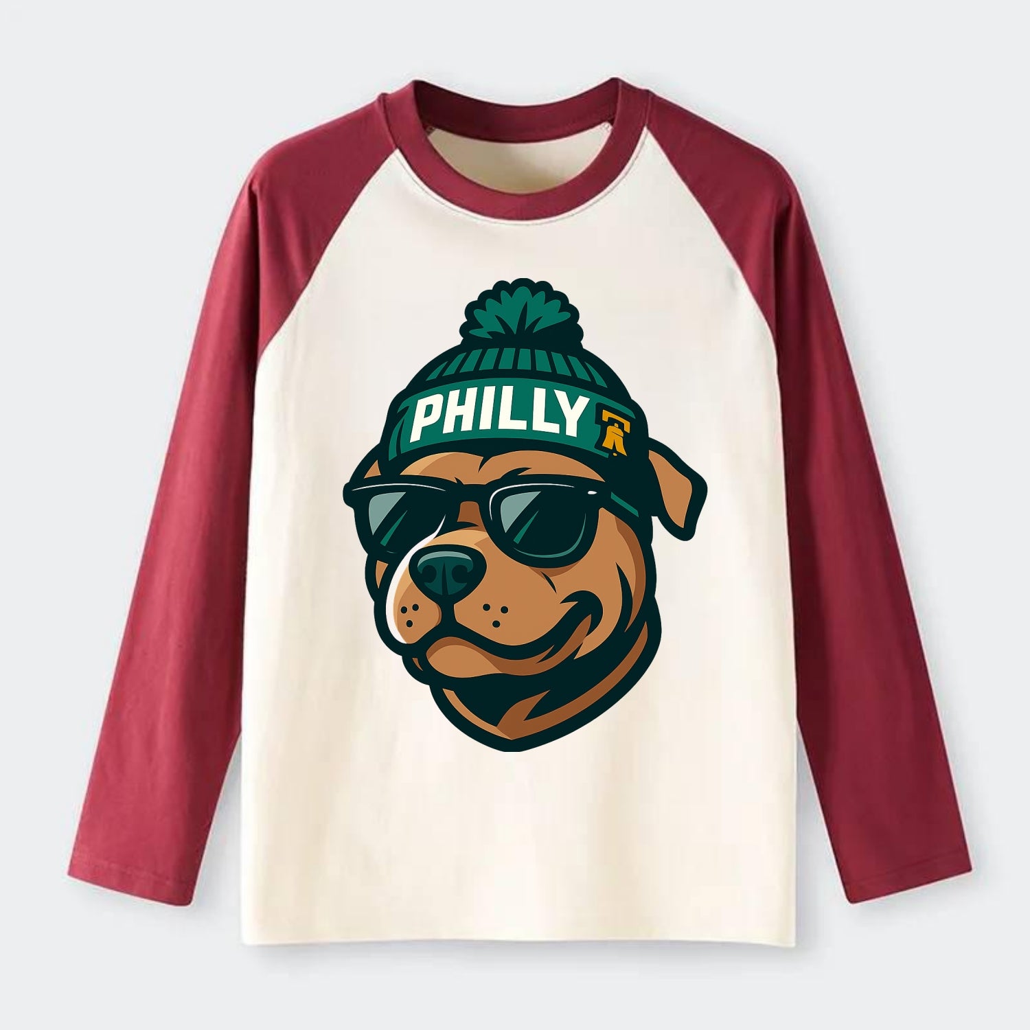 Philly Pitbull wearing Eagles beanie with Liberty Bell patch and - Raglan Long Sleeve T-Shirt - Red