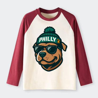 Philly Pitbull wearing Eagles beanie with Liberty Bell patch and - Raglan Long Sleeve T-Shirt - Red