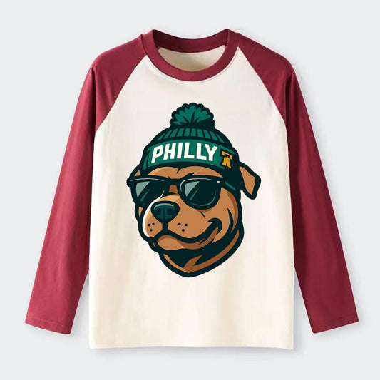 Philly Pitbull wearing Eagles beanie with Liberty Bell patch and - Raglan Long Sleeve T-Shirt - Red