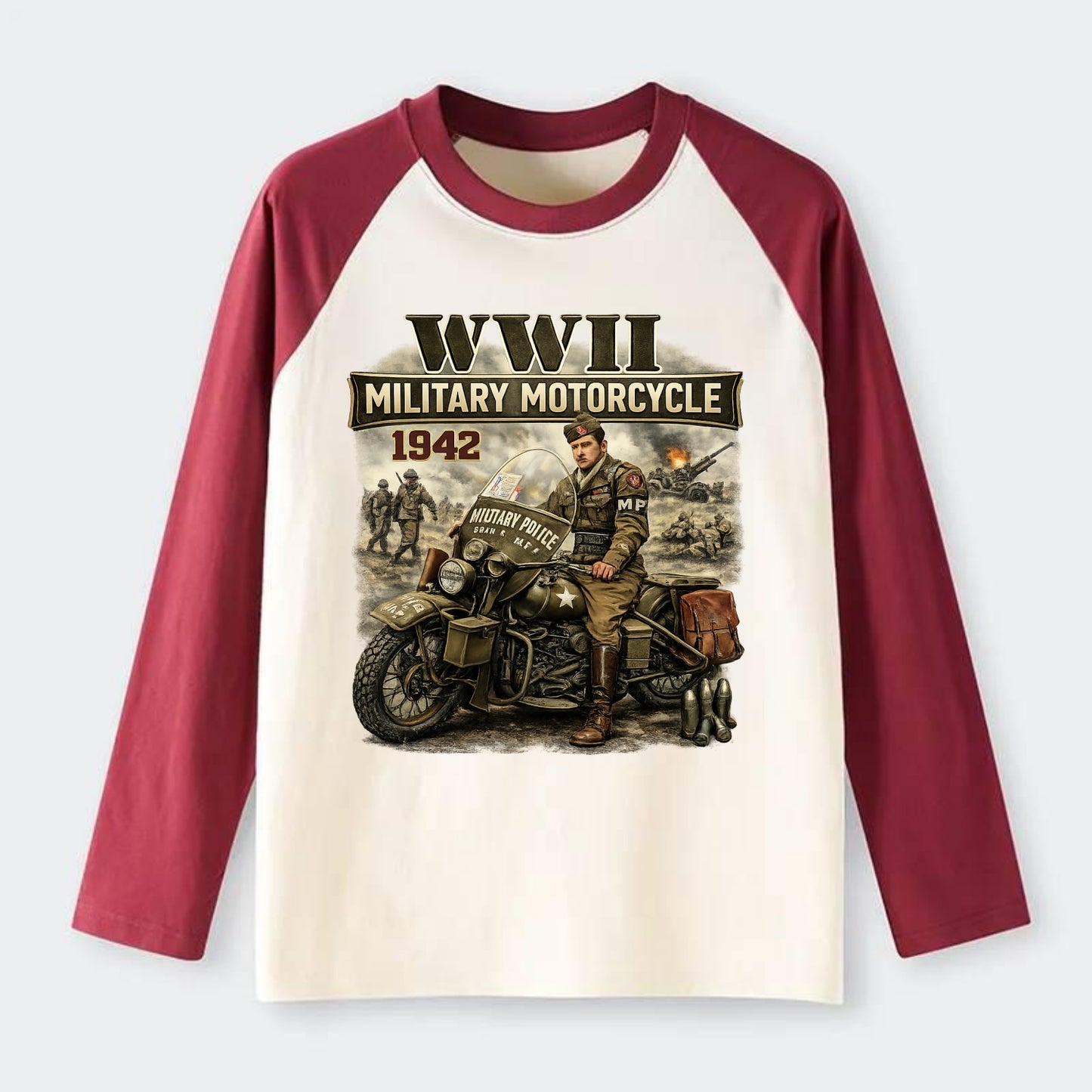 Wwii Military Motorcycle 1942 - Raglan Long Sleeve T-Shirt - Red