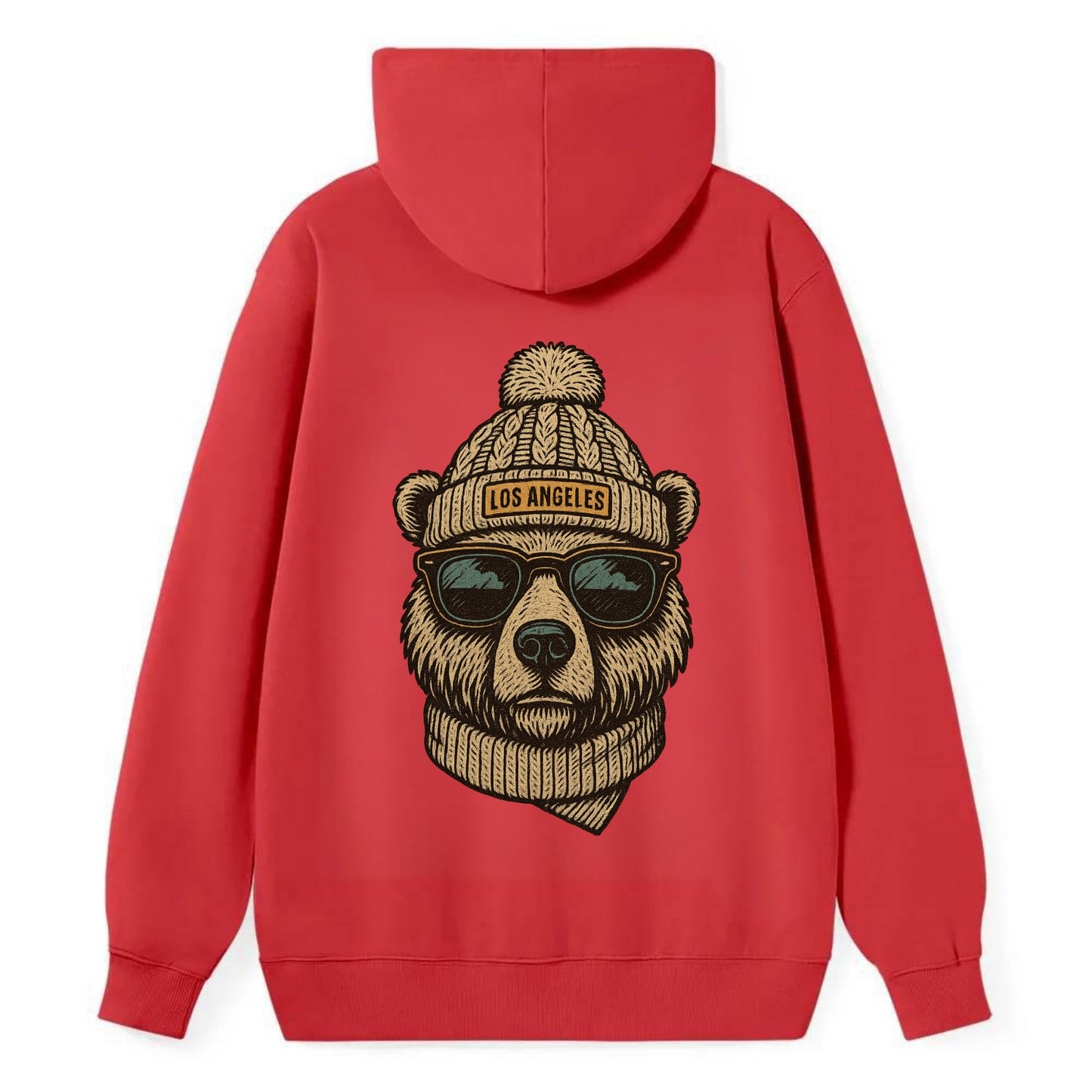 California Grizzly Bear wearing Los Angeles beanie with pom pom and - Classic Pullover Hoodie - Red