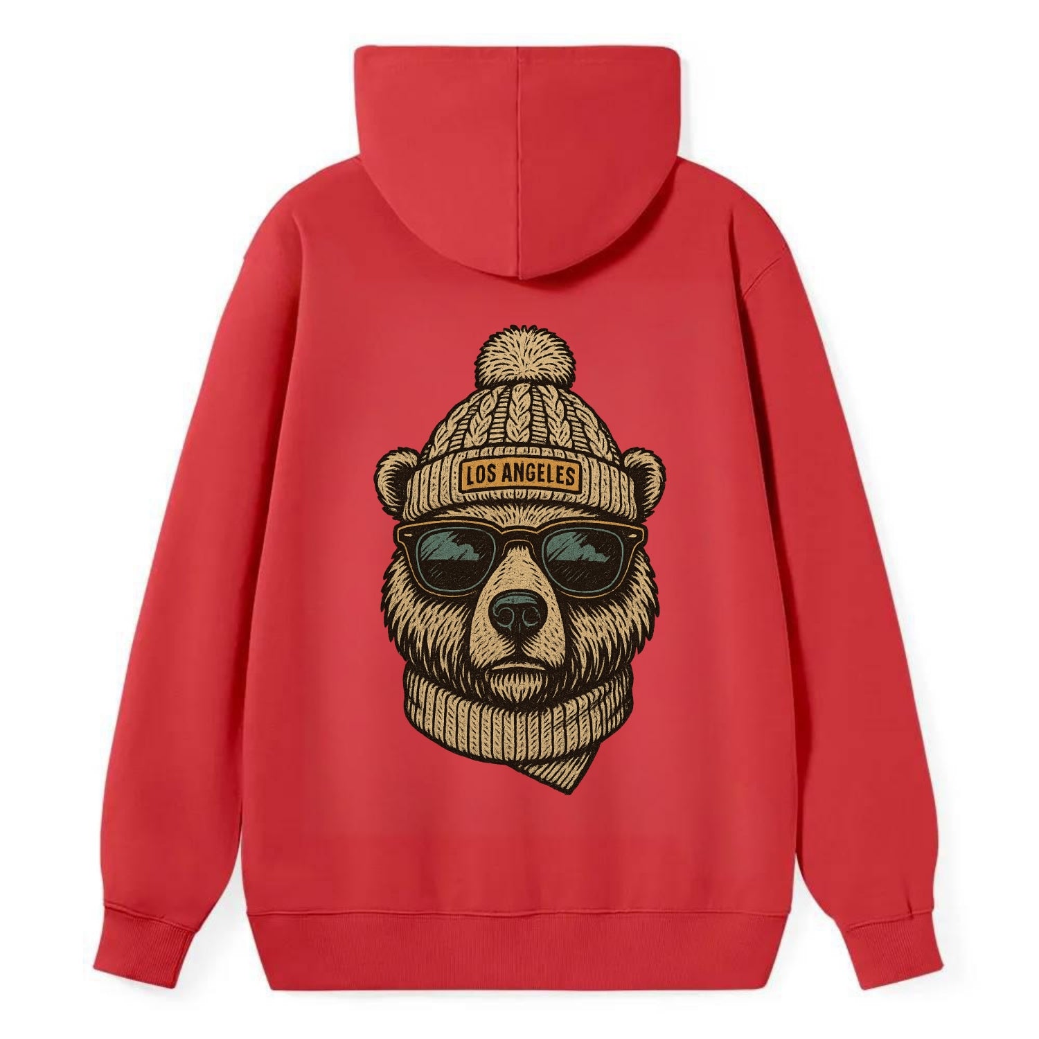 California Grizzly Bear wearing Los Angeles beanie with pom pom and - Classic Pullover Hoodie - Red