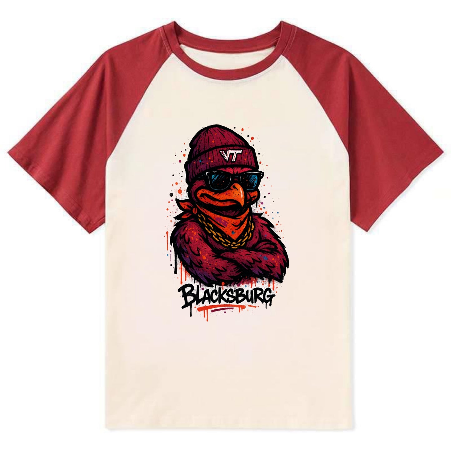 Blacksburg HokieBird wearing Virginia Tech beanie with VT patch - Contrast Raglan T-shirt - Red