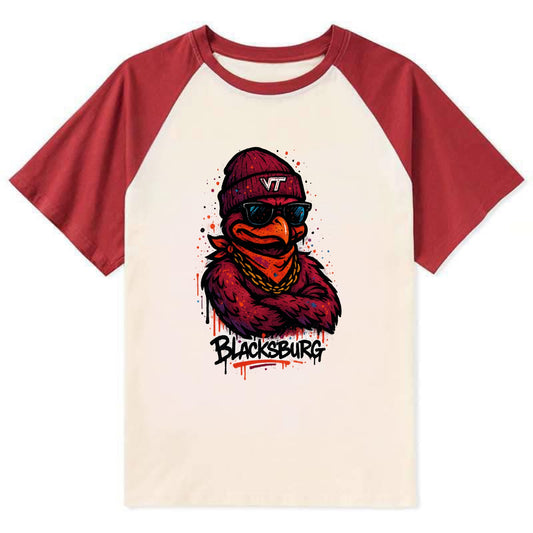 Blacksburg HokieBird wearing Virginia Tech beanie with VT patch - Contrast Raglan T-shirt - Red