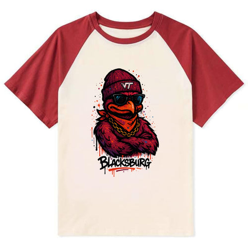 Blacksburg HokieBird wearing Virginia Tech beanie with VT patch - Contrast Raglan T-shirt