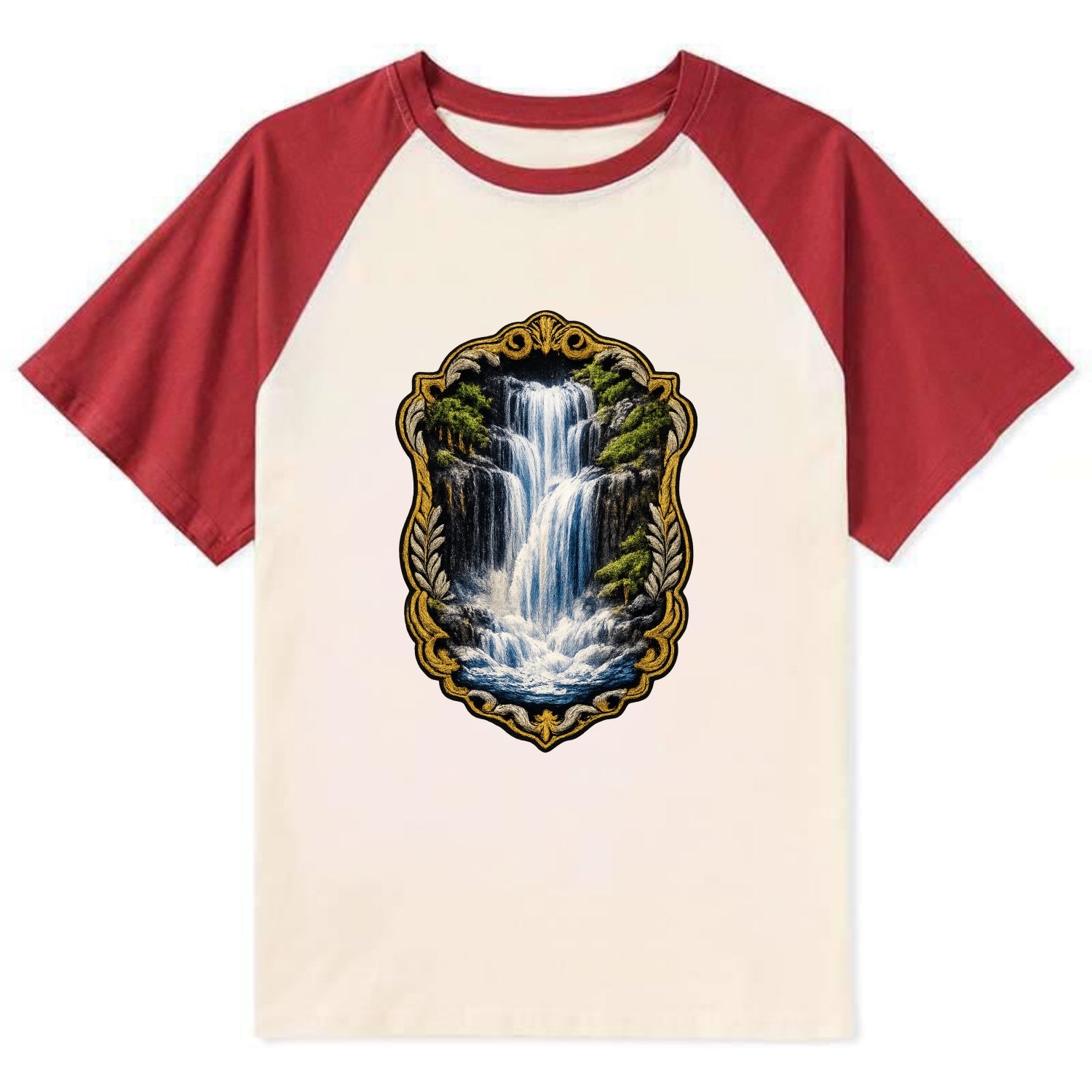 WATERFALL CASCADE - falling water with mist in blue and white , nature - Contrast Raglan T-shirt - Red