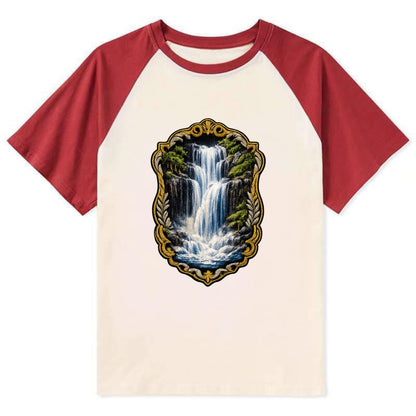 WATERFALL CASCADE - falling water with mist in blue and white , nature - Contrast Raglan T-shirt - Red