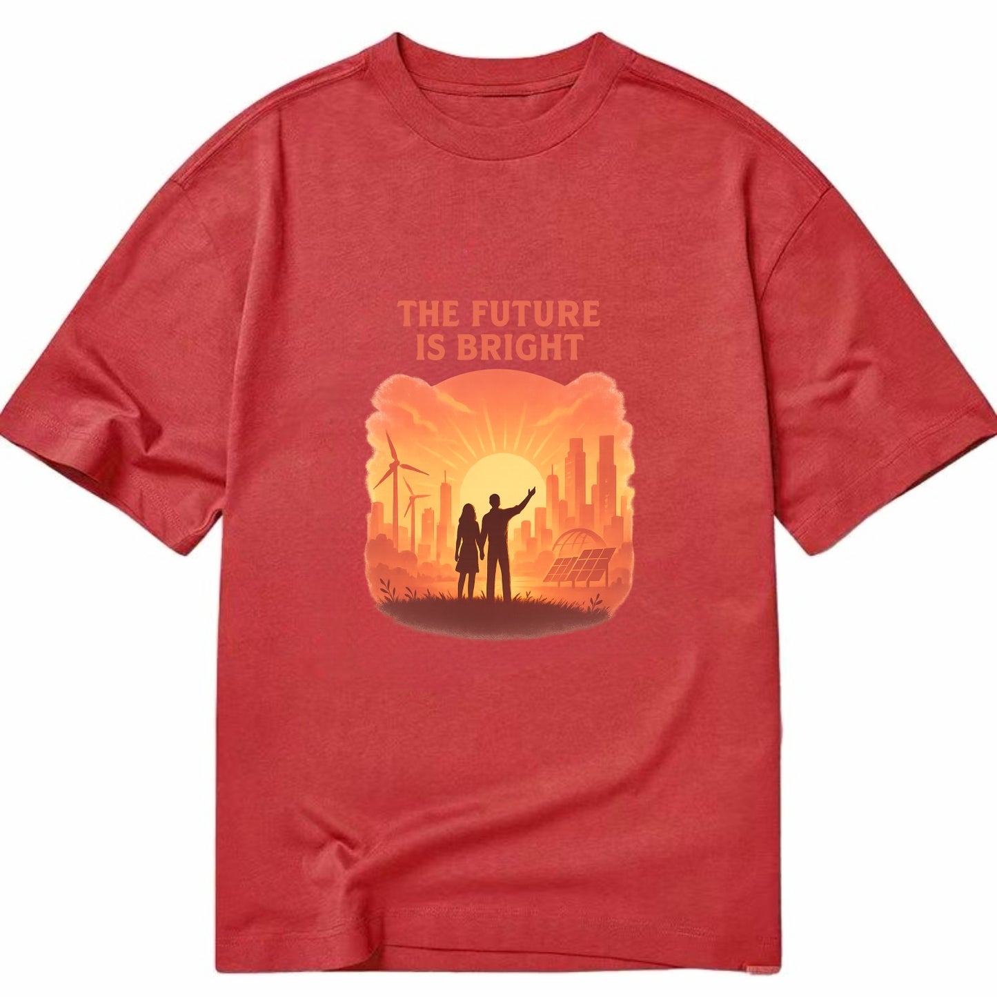 Sunrise over thriving sustainable city - "The Future is Bright" - optimistic - Classic T-shirt - Red