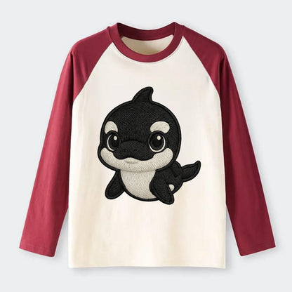 Baby Orca - black and white pattern, white eye patch, front-facing, - Raglan Long Sleeve T-Shirt - Red