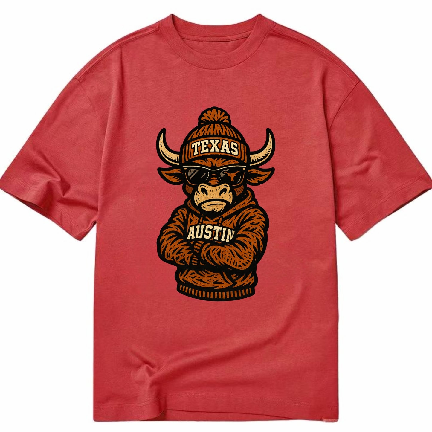 Austin Bevo wearing Texas beanie with longhorn patch - Classic T-shirt - Red