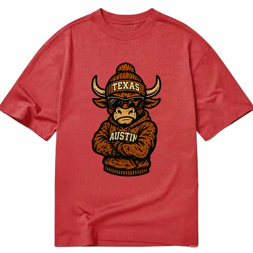 Austin Bevo wearing Texas beanie with longhorn patch - Classic T-shirt