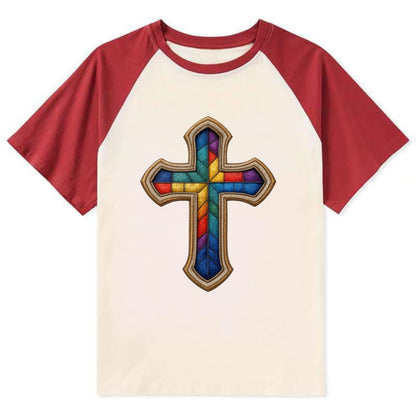 Stained Glass Cross  - Contrast Raglan T-shirt - Red