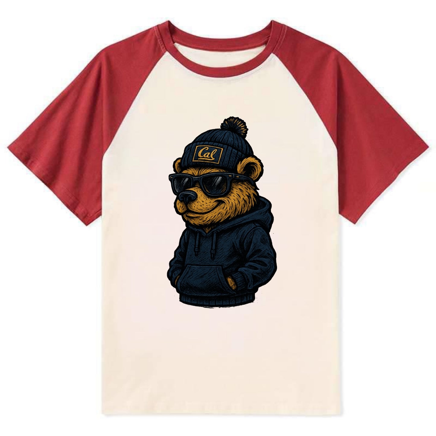 Berkeley Bear wearing Cal beanie with script patch - Contrast Raglan T-shirt - Red