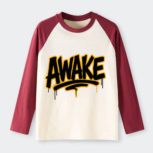 Bold typography design - "AWAKE" - conscious, aware, alert - Raglan Long Sleeve T-Shirt - Red