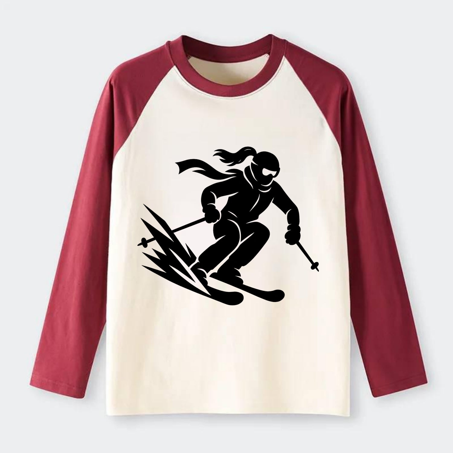 Skier carving down snowy slope - Raglan Long Sleeve T-Shirt - Red