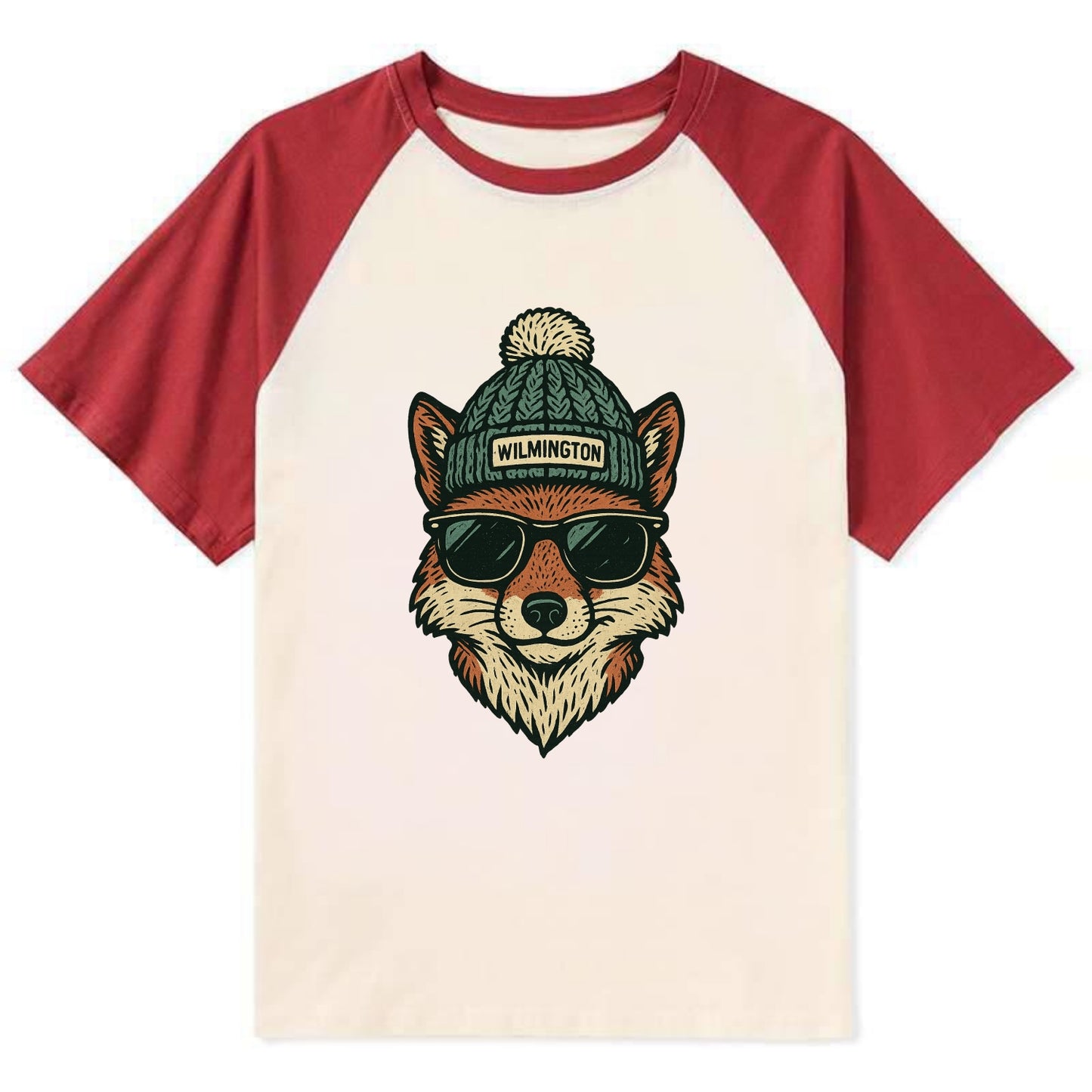 Delaware Gray Fox wearing Wilmington beanie with pom pom and wayfarer - Contrast Raglan T-shirt - Red