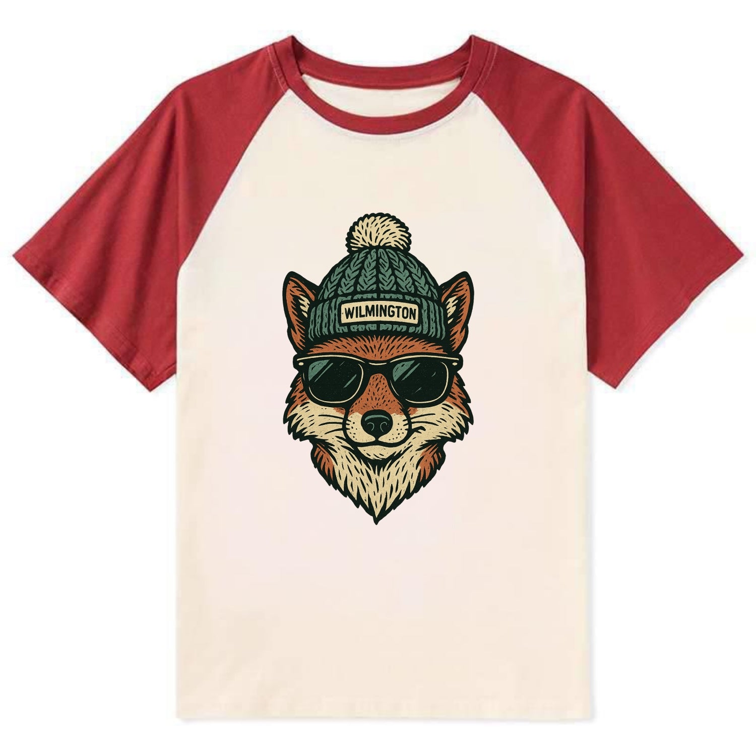 Delaware Gray Fox wearing Wilmington beanie with pom pom and wayfarer - Contrast Raglan T-shirt - Red