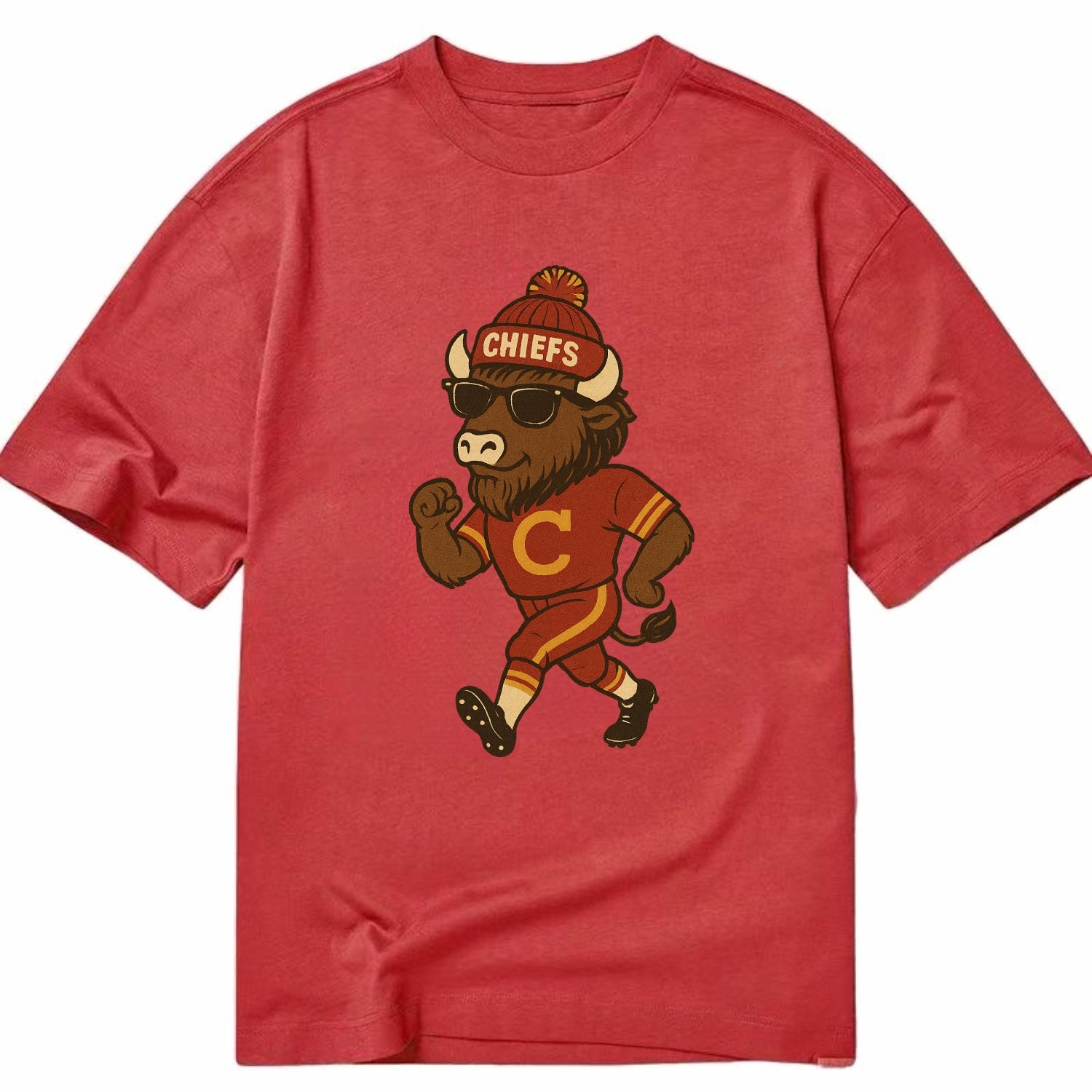 KC Bison wearing Chiefs beanie with arrowhead patch and wayfarer sunglasses - Classic T-shirt - Red