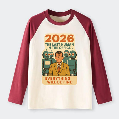 Single human worker surrounded by robot coworkers - "The last human in - Raglan Long Sleeve T-Shirt - Red