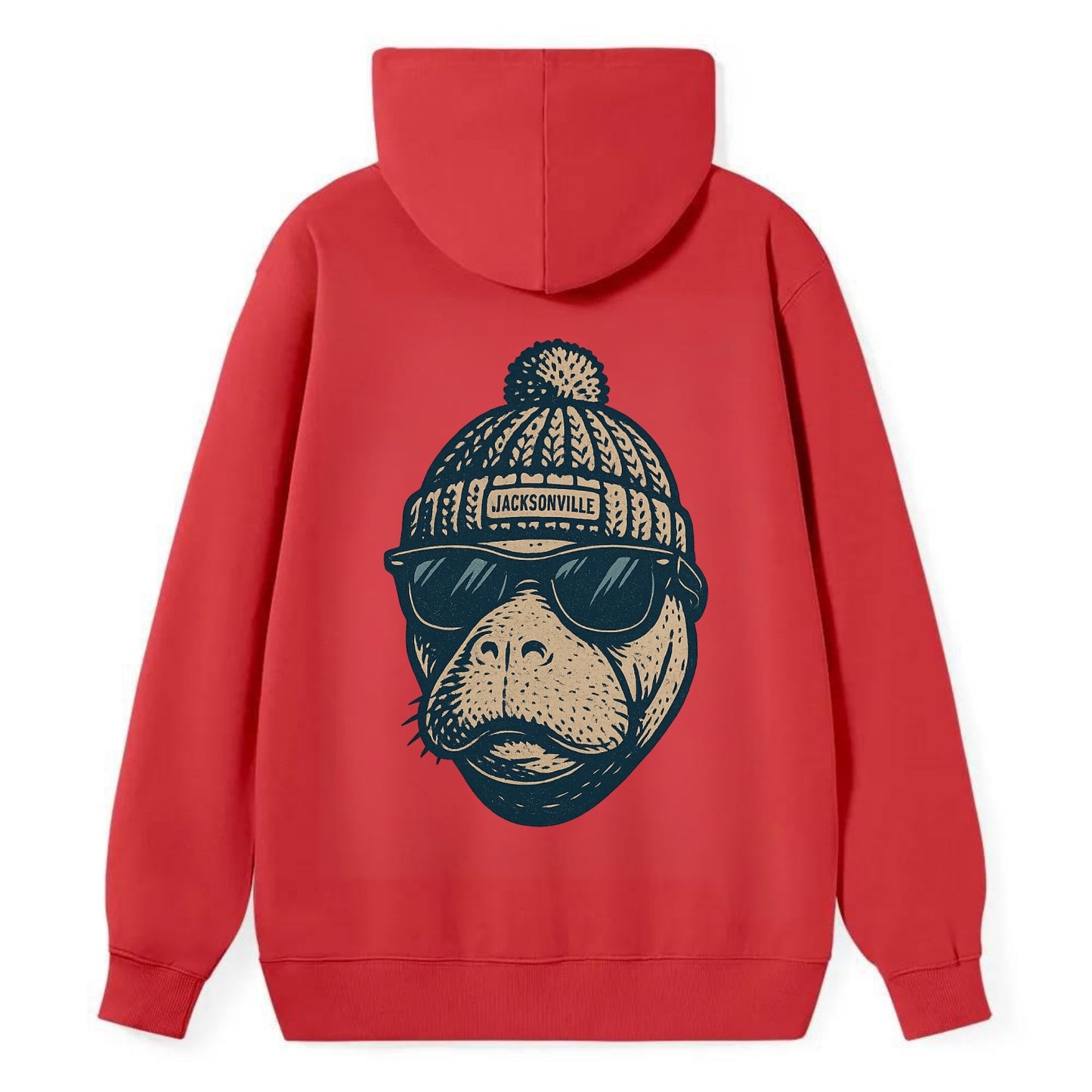 Jacksonville Manatee wearing Jacksonville beanie with pom pom and - Classic Pullover Hoodie - Red