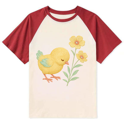 Yellow Chick - Contrast Raglan T-shirt - Red