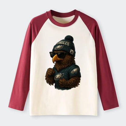 Philly Hawk wearing Eagles beanie with Rocky patch and wayfarer - Raglan Long Sleeve T-Shirt - Red