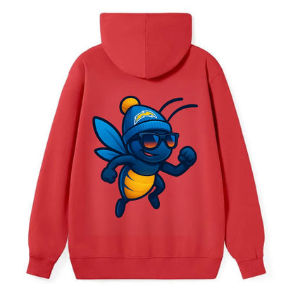 LA Lightning Bug wearing Chargers powder blue and gold beanie with pom - Classic Pullover Hoodie - Red