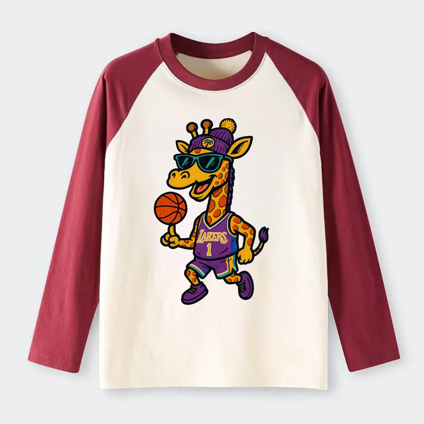California Giraffe wearing Lakers beanie with palm tree patch and - Raglan Long Sleeve T-Shirt - Red