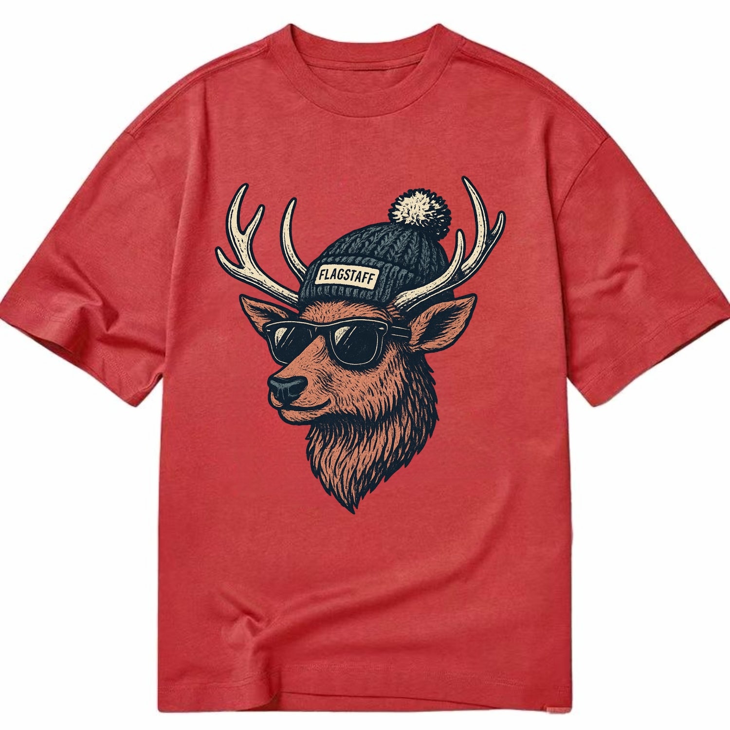 Flagstaff Elk wearing Flagstaff beanie with pom pom and wayfarer sunglasses - Classic T-shirt - Red