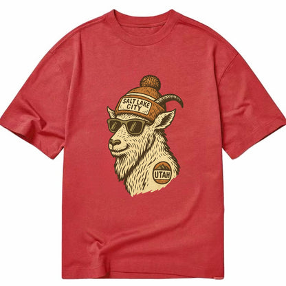 Utah Mountain Goat wearing Salt Lake City beanie with pom pom and wayfarer - Classic T-shirt - Red