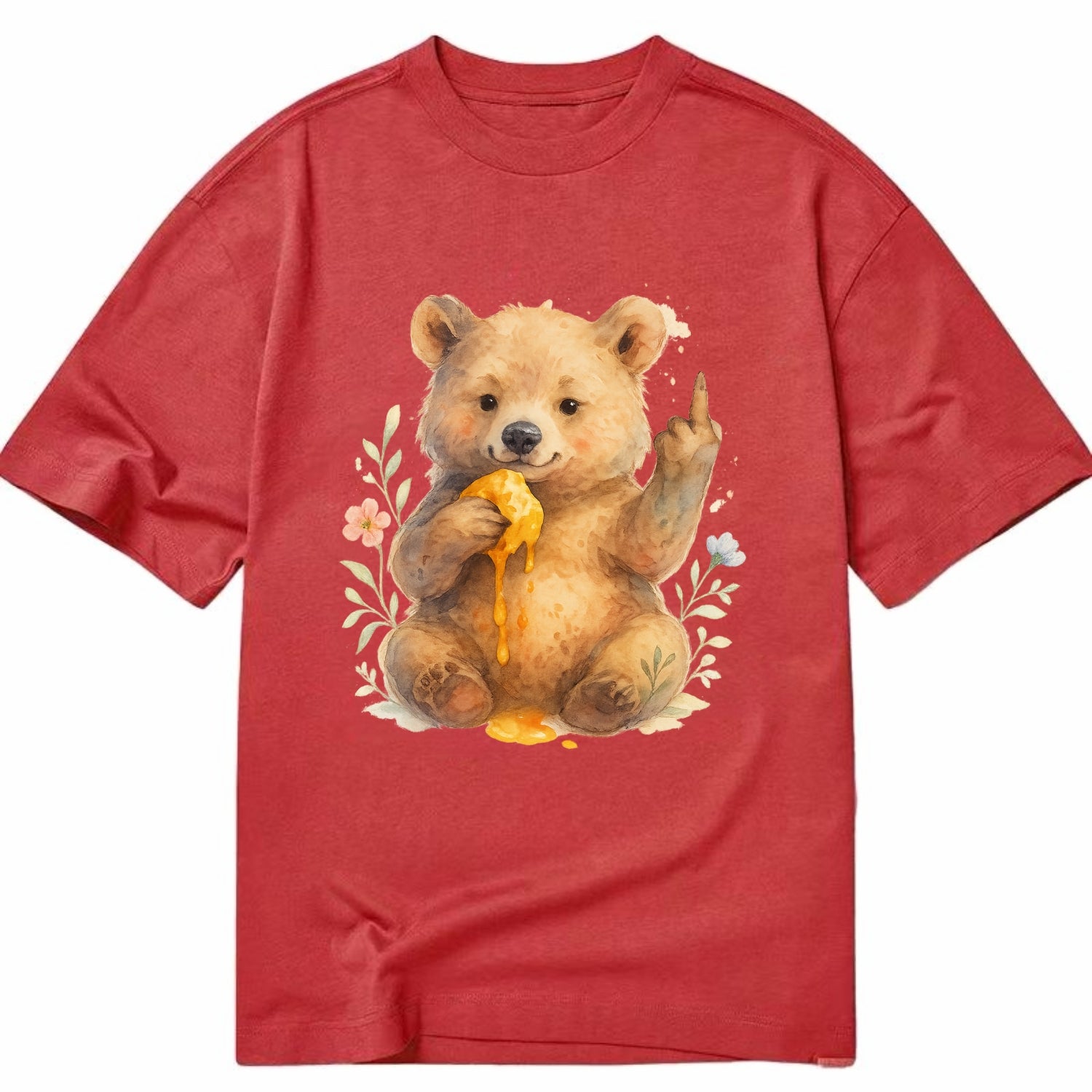 chubby bear cub eating dripping honey, sticky paw up with middle finger - Classic T-shirt - Red