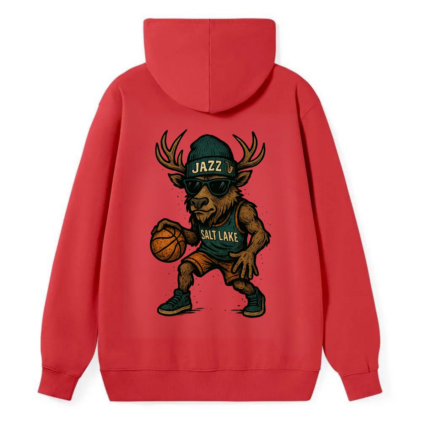 Salt Lake Elk wearing Jazz beanie with saxophone patch and wayfarer - Classic Pullover Hoodie - Red
