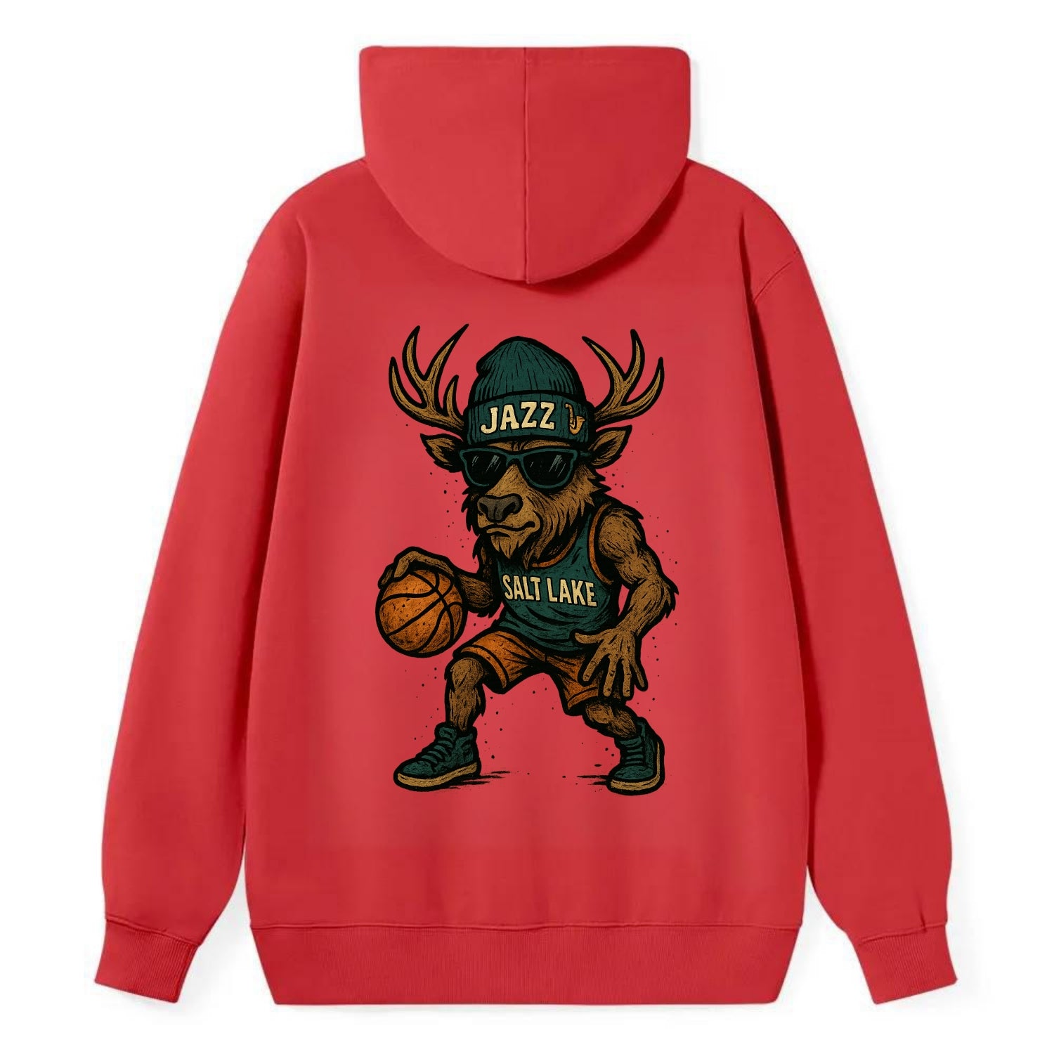 Salt Lake Elk wearing Jazz beanie with saxophone patch and wayfarer - Classic Pullover Hoodie - Red