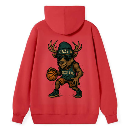 Salt Lake Elk wearing Jazz beanie with saxophone patch and wayfarer - Classic Pullover Hoodie - Red