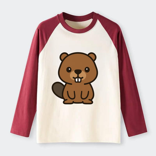 Baby Beaver - brown fur, paddle tail, buck teeth, friendly eyes, - Raglan Long Sleeve T-Shirt