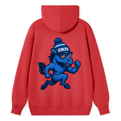 Indianapolis Colt Horse wearing Colts blue and white beanie with pom pom - Classic Pullover Hoodie - Red
